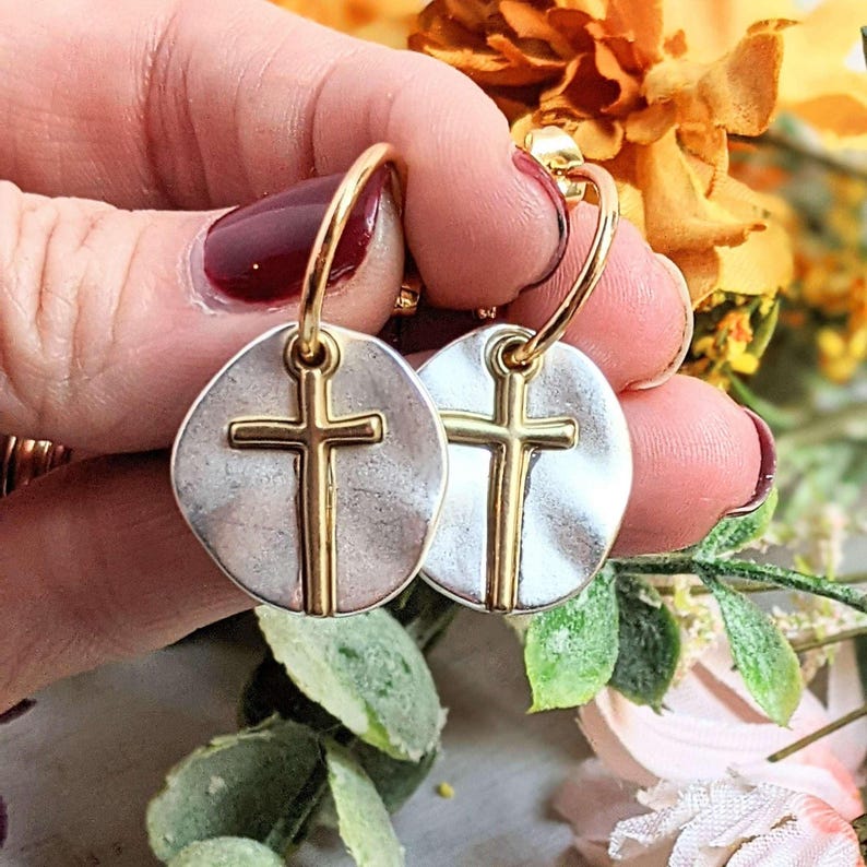 Cross Two-Tone Dangle Earrings - - LadybugfeetDesigns -