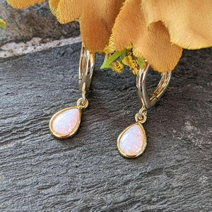 Opal Huggie Hoop earrings, 15mm Hoop Drop, Silver/Gold - - LadybugfeetDesigns -