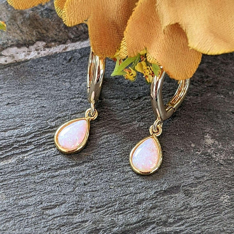 Opal Huggie Hoop earrings, 15mm Hoop Drop, Silver/Gold - - LadybugfeetDesigns -
