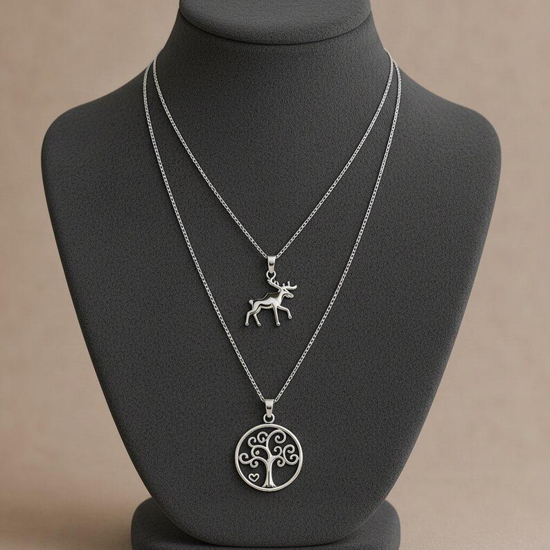 Moose & Tree of Life Necklace Set, Silver - - LadybugfeetDesigns -