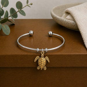 Two Tone Sea Turtle Euro Bangle Cuff, Silver - - LadybugfeetDesigns -