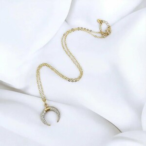 Downward Crescent Moon Necklace, Crescent Horn Necklace, Gold