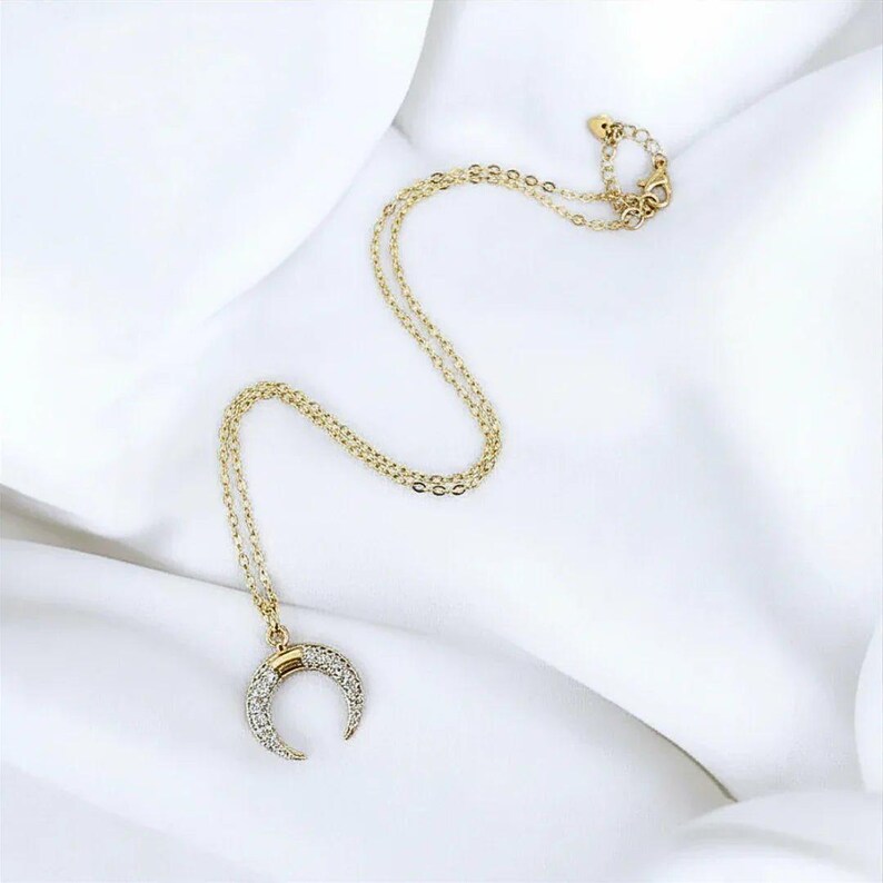 Downward Crescent Moon Necklace, Crescent Horn Necklace, Gold