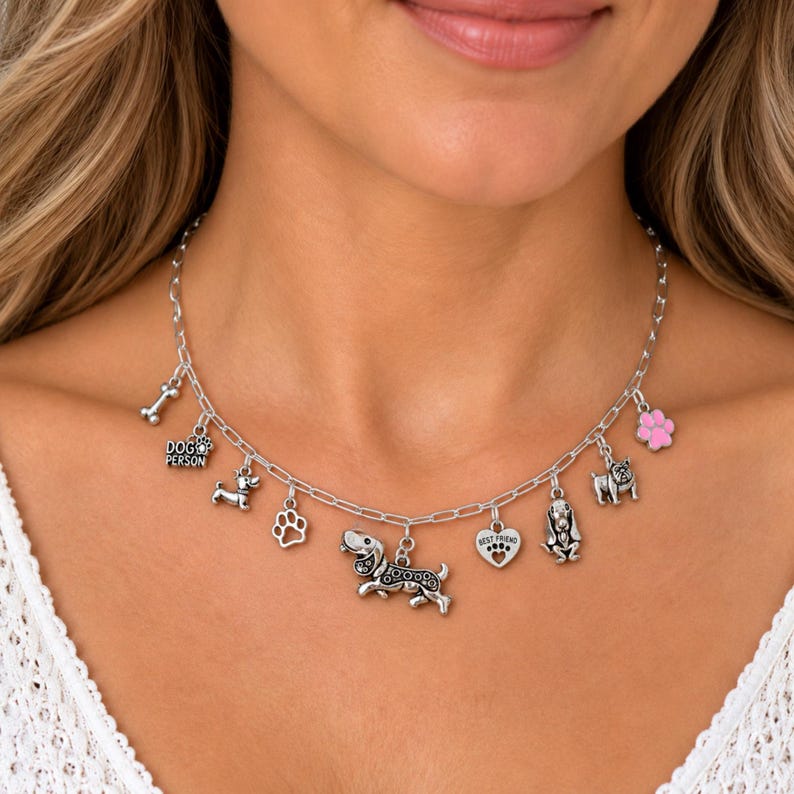 Dog Person Multi Charm Link Necklace, Silver - 20 inch - - LadybugfeetDesigns -