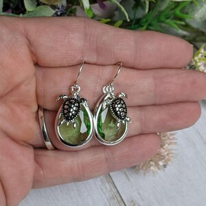 Sea Glass, Sea Turtle Crystal Dangle Earrings - - LadybugfeetDesigns -