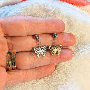 Butterfly Charm Drop Stud Earrings-Silver - - LadybugfeetDesigns -