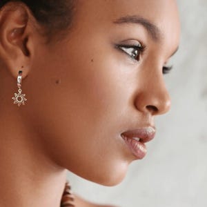 Gold Sun Hoop earrings, 16mm Hoop Drop - - LadybugfeetDesigns -