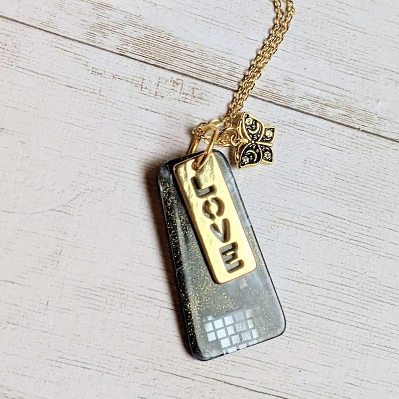 Gold Love Tag necklace, 24 inch - - LadybugfeetDesigns -