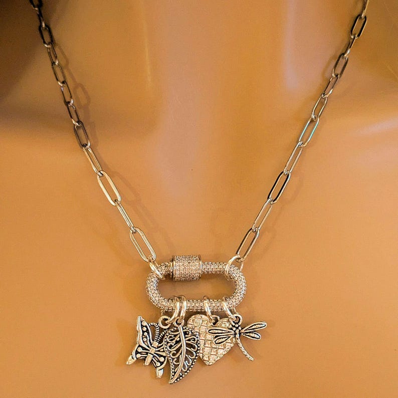 Nature & Love Carabiner Necklace, Silver - 20 inch - - LadybugfeetDesigns -