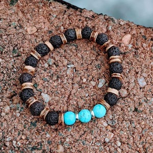Turquoise Gemstone Lava Bead Stretch bracelet-December Birthstone - - LadybugfeetDesigns -