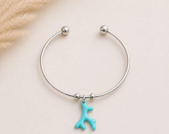 Aqua Blue Coral Euro Bangle Cuff, Silver