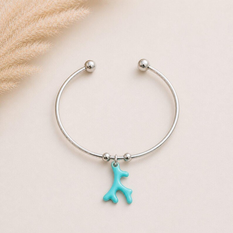 Aqua Blue Coral Euro Bangle Cuff, Silver - - LadybugfeetDesigns -