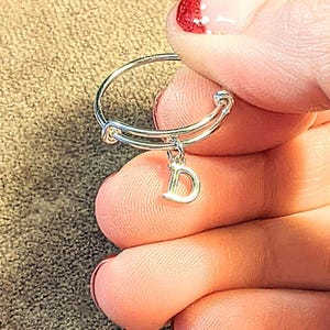 Sterling Silver Initial Charm Ring/Gift for her/Sterling Silver Mini Bangle - - LadybugfeetDesigns -