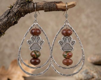 Dog/Cat Paw Print Red Bead Hammered Teardrop Hook Earrings, Silver