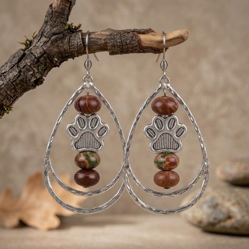 Dog/Cat Paw Print Red Bead Hammered Teardrop Hook Earrings, Silver - - LadybugfeetDesigns -