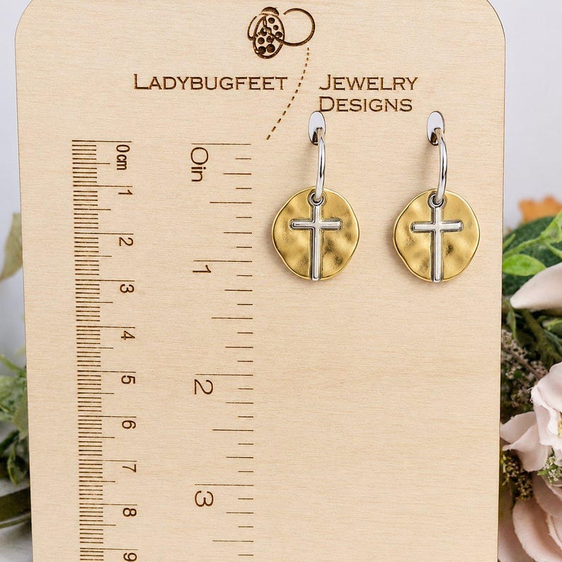 Cross Two-Tone Hoop Earrings, Silver - 16mm - - LadybugfeetDesigns -