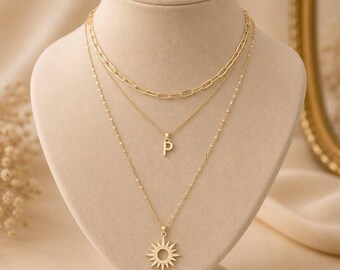 Paperclip Initial Layered Necklace Set. Gold