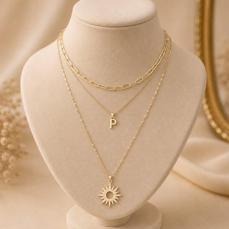 Paperclip Initial Layered Necklace Set. Gold - - LadybugfeetDesigns -