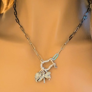 Forest Friends Dragonfly Shackle Clasp Carabiner Necklace, Silver - Adjusts up to 20 inches - - LadybugfeetDesigns -