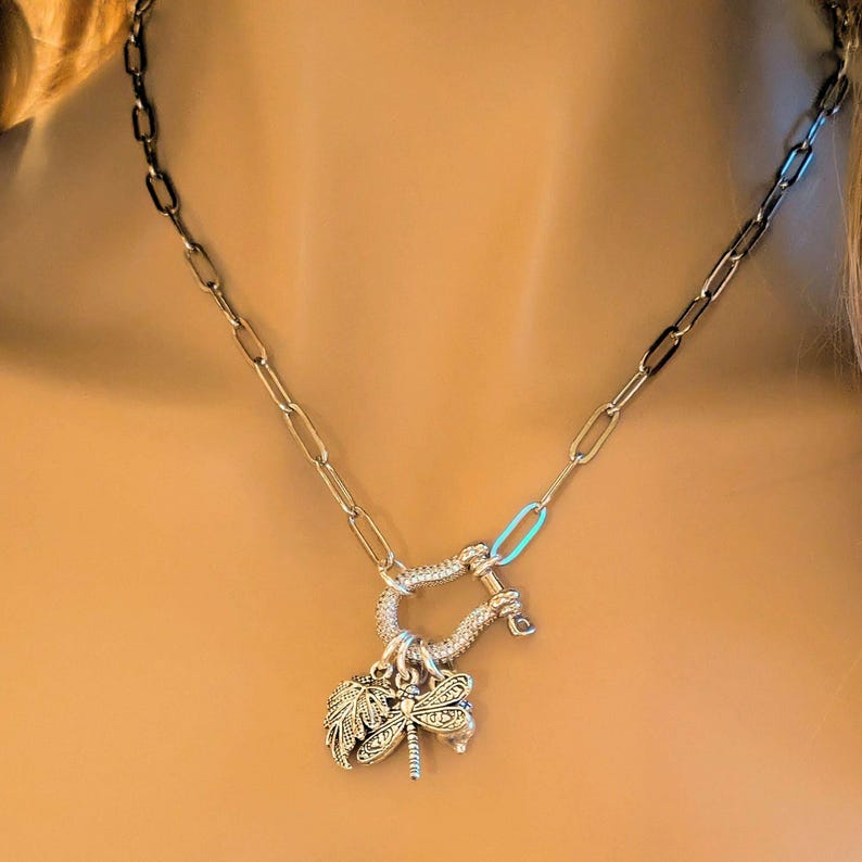 Forest Friends Dragonfly Shackle Clasp Carabiner Necklace, Silver - Adjusts up to 20 inches - - LadybugfeetDesigns -