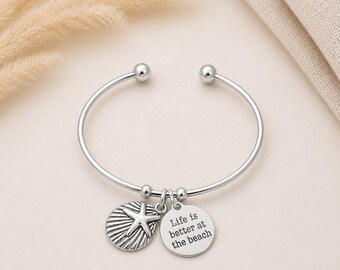 Life is Better at the Beach Euro Bangle Cuff, Silver