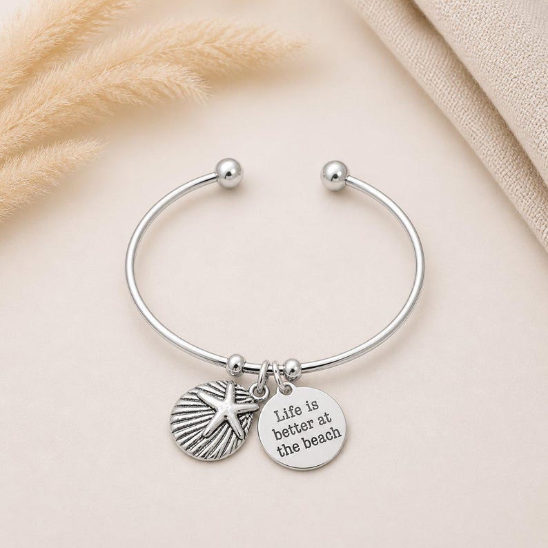 Life is Better at the Beach Euro Bangle Cuff, Silver - - LadybugfeetDesigns -