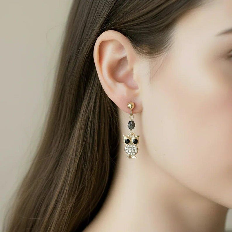 CZ Owl Charm Drop Stud Earrings-Gold - - LadybugfeetDesigns -