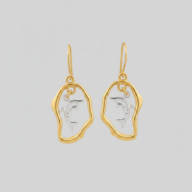 Dolphin dangle earrings, Two-Tone - - LadybugfeetDesigns -