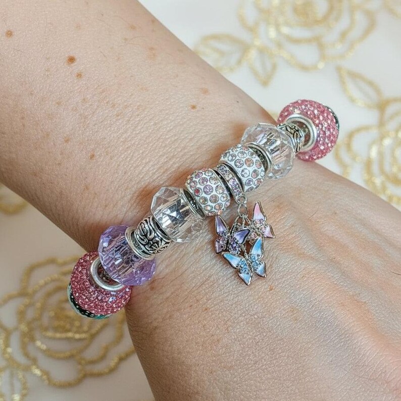 Butterfly Trio European beaded bracelet - Silver - - LadybugfeetDesigns -