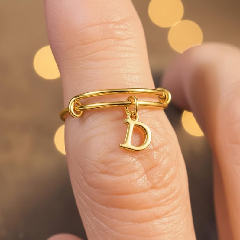 14k Gold Filled Initial Charm Ring/Gift for her - - LadybugfeetDesigns -