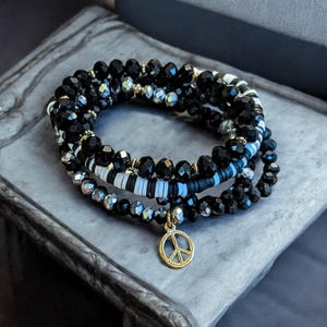 Black Crystal Peace Sign Stretch Bracelet Stack - - LadybugfeetDesigns -