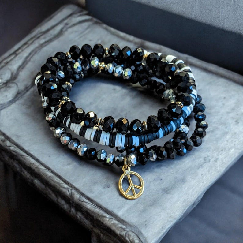 Black Crystal Peace Sign Stretch Bracelet Stack - - LadybugfeetDesigns -