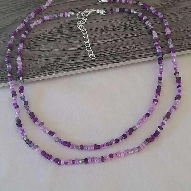 Purple Beaded Choker Necklace - 16 inch - - LadybugfeetDesigns -