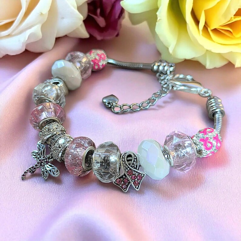 Cancer Awareness European beaded bracelet - Silver - - LadybugfeetDesigns -
