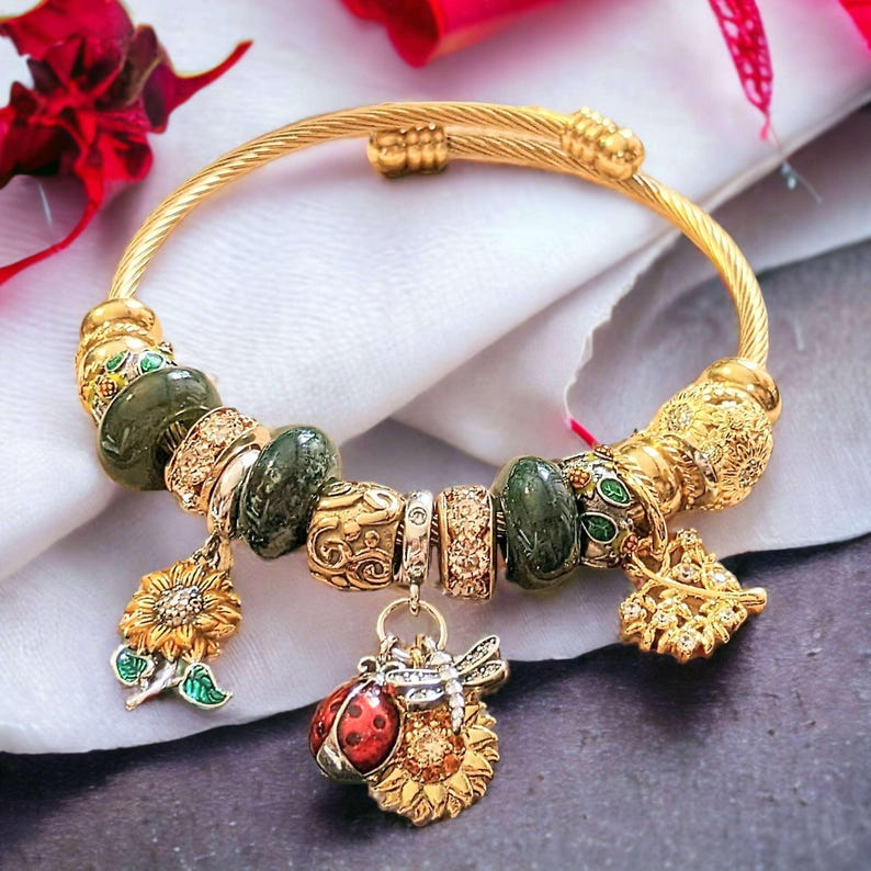 Garden Party Euro Cuff Wrap Bracelet, Gold - - LadybugfeetDesigns -
