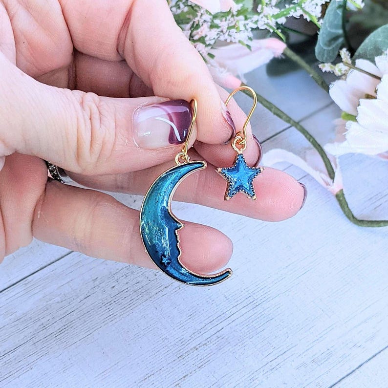 Mismatched Blue Crescent Moon and Star dangle earrings - - LadybugfeetDesigns -