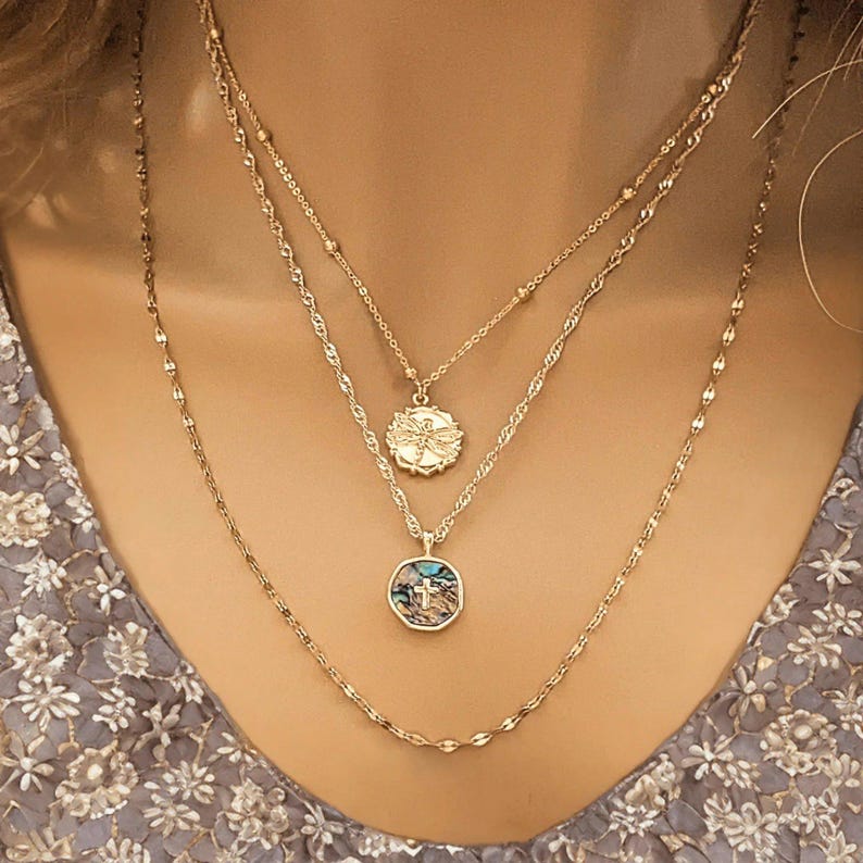 Abalone Cross Bar/Dragonfly Layered Necklace Set, Gold - - LadybugfeetDesigns -