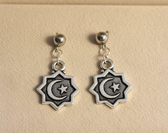 Crescent Moon/Star Charm Drop Stud Earrings-Silver