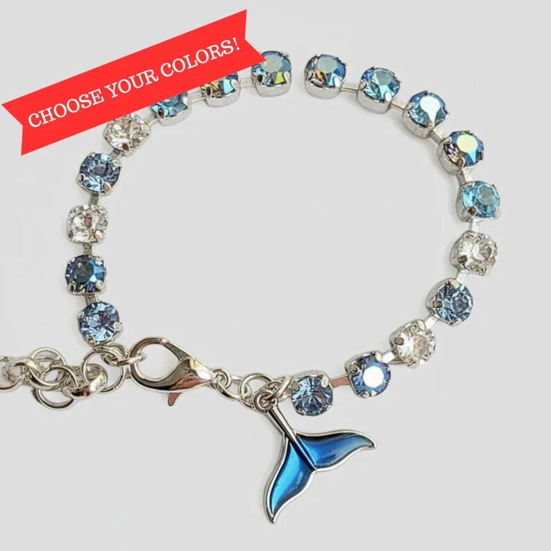 Whale/Dolphin Tail Faceted Crystal Bracelet, Silver - - LadybugfeetDesigns -