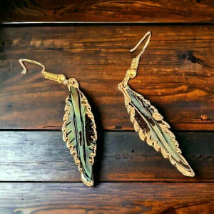 Abalone Feather Gold dangle earrings - - LadybugfeetDesigns -