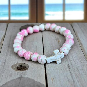 Pink Ivory Beaded Cross Stretch bracelet - - LadybugfeetDesigns -