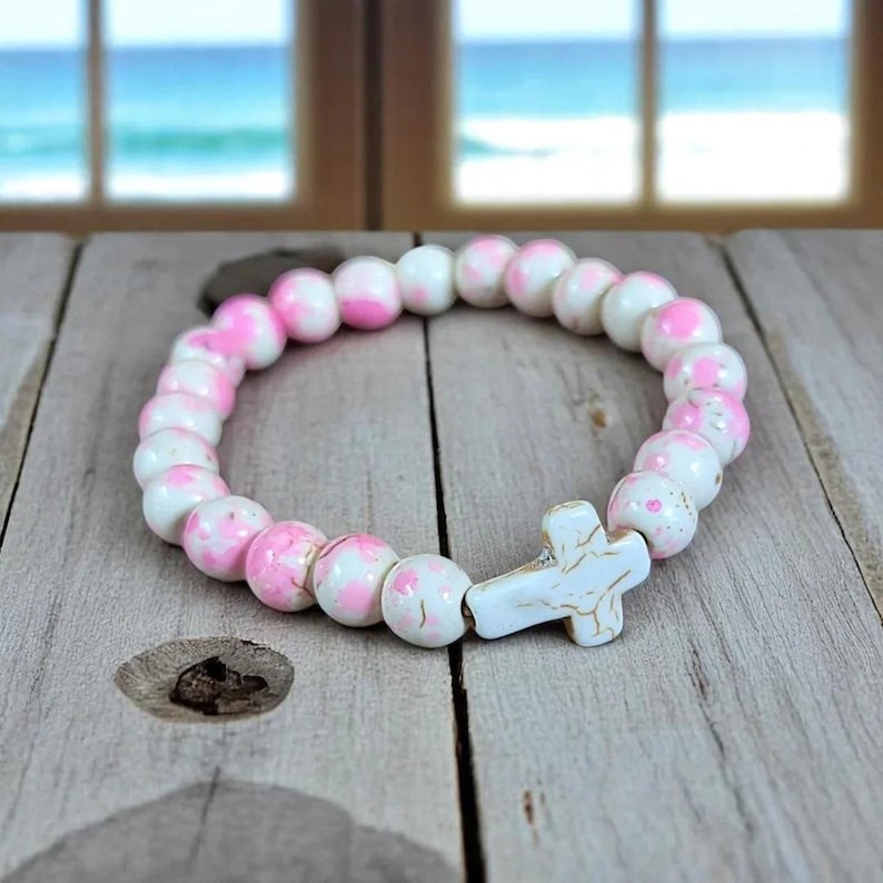 Pink Ivory Beaded Cross Stretch bracelet - - LadybugfeetDesigns -
