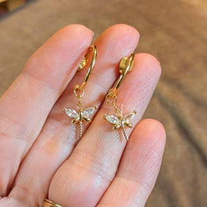 CZ Dragonfly Gold Hoop earrings, Hoop Drop, 16mm - - LadybugfeetDesigns -