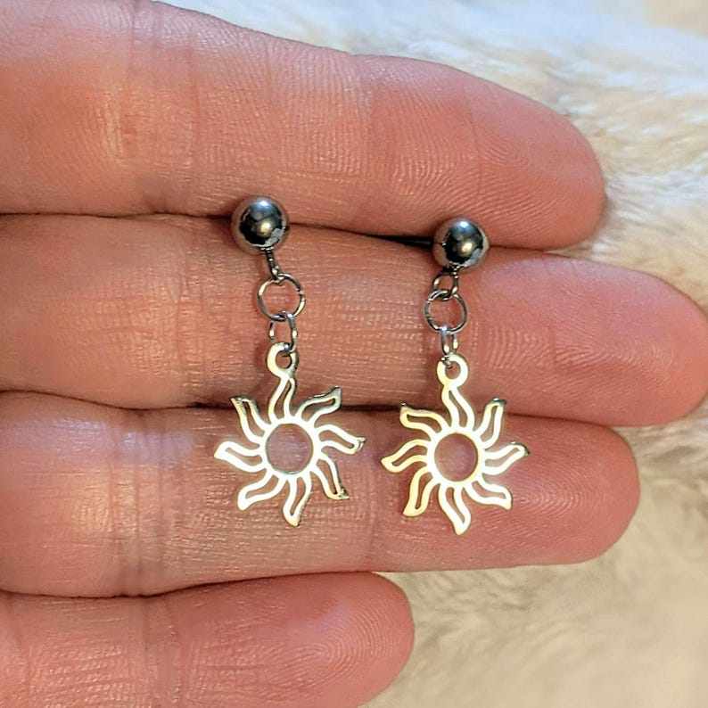 Fiery Sun Charm Drop Stud Earrings-Silver - - LadybugfeetDesigns -
