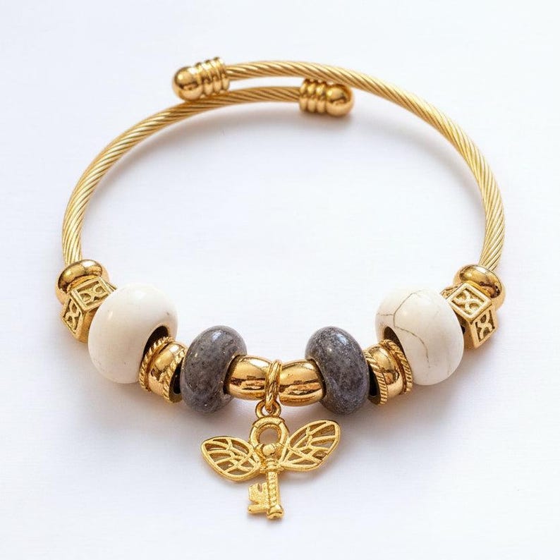 Winged Key Euro Cuff Wrap Bracelet, Gold - - LadybugfeetDesigns -