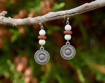 Large Sunflower Beaded Hook Earrings, Silver