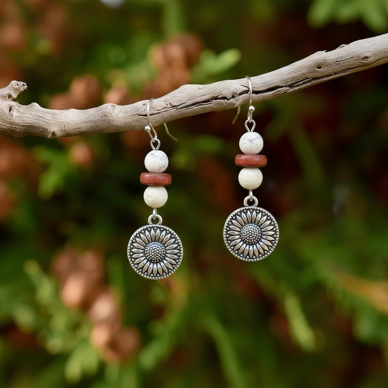 Large Sunflower Beaded Hook Earrings, Silver - - LadybugfeetDesigns -