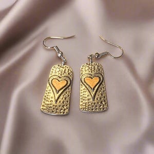 Two-Tone Heart Tag Dangle Earrings - - LadybugfeetDesigns -