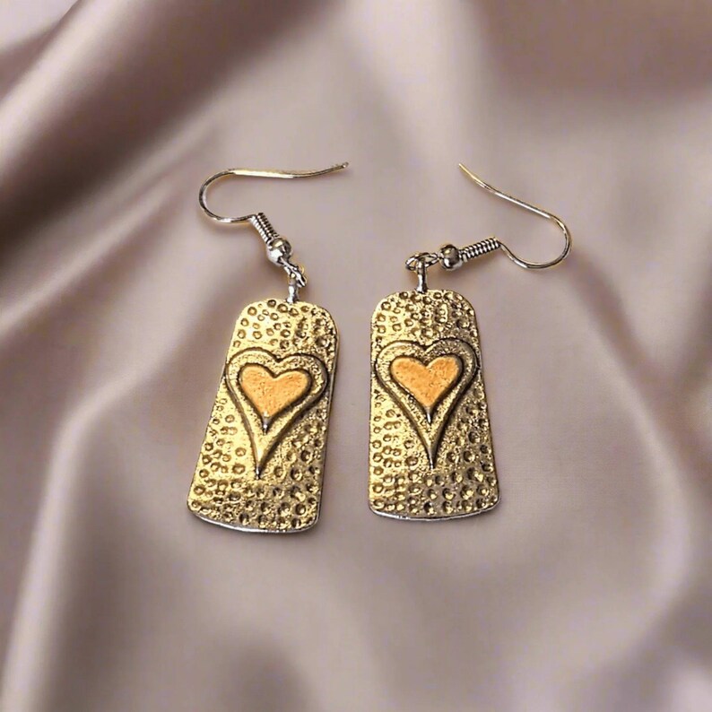 Two-Tone Heart Tag Dangle Earrings - - LadybugfeetDesigns -