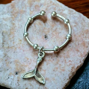 Sterling Silver Whale Tail Adjustable Charm Ring - - LadybugfeetDesigns -